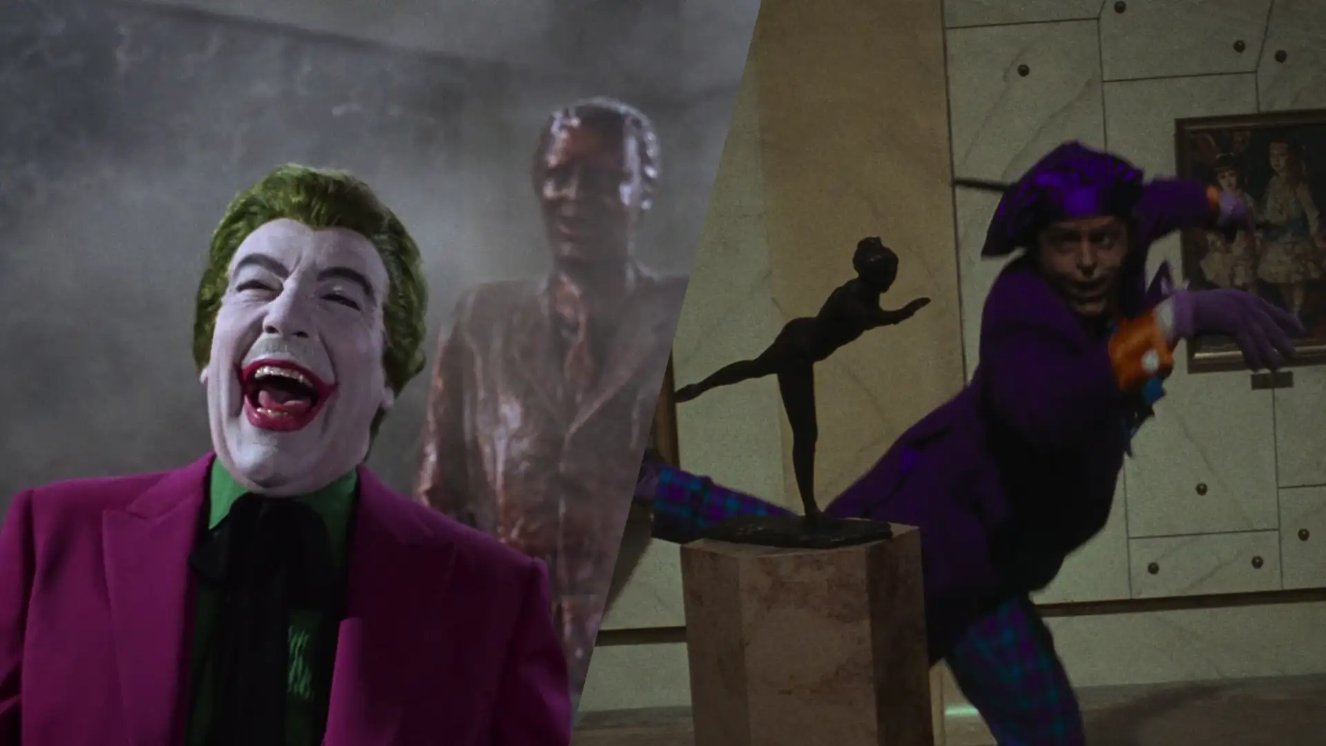 The Joker with a statue that has similarities to him and a statue that he imitates