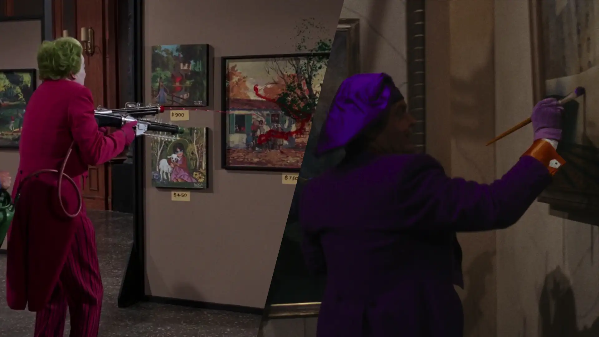 Cesar Romero and Jack Nicholson as the Joker destroying a painting in a museum